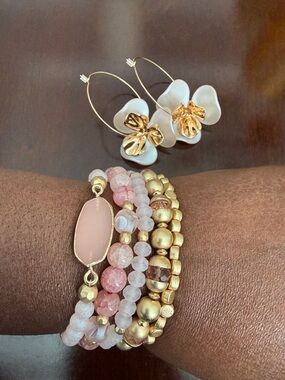 Gold and Pink Beaded Stackable Bracelet Set
